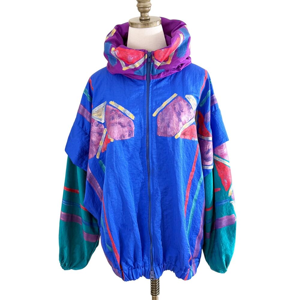 Vintage 90s Ann Original Blue/Multicolor Hand Painted Oversized Windbreaker EUC